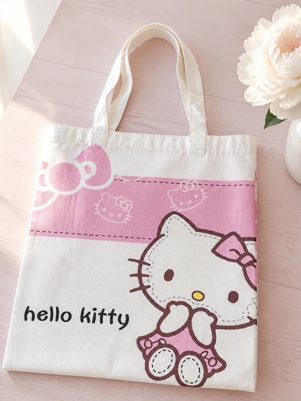 Hello Kitty w/ Pink Bow Extra Large White Canvas Tote Bag